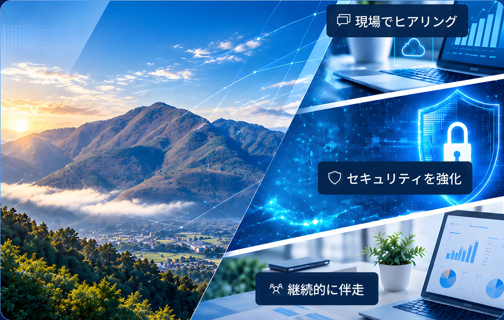 朝日に照らされた山並みと、現場でヒアリング・セキュリティを強化・継続的に伴走のイメージ